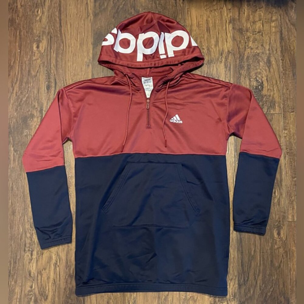 Adidas 3/4 zipper pullover hooded jersey sweater long sleeve 2 tone logo on hood